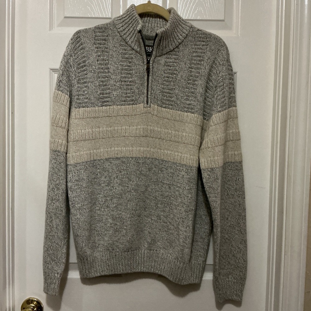 BKE Buckle Sweater Men LARGE 1/4 Zip Lt Gray/Cream Textured Knit Pullover Heavy